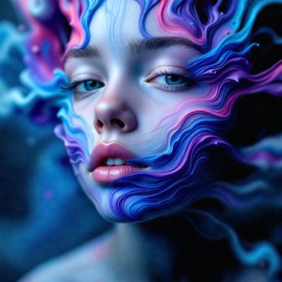The primary subject of the image is a woman with a blue and purple face, wearing a blue and purple dress. The setting is a dark, blue-toned environment, which adds to the overall mood of the image. The visual style is a combination of digital art and illustration, creating a unique and artistic representation of the woman. The colors and mood of the image are predominantly blue and purple, giving it a dreamy and surreal appearance.